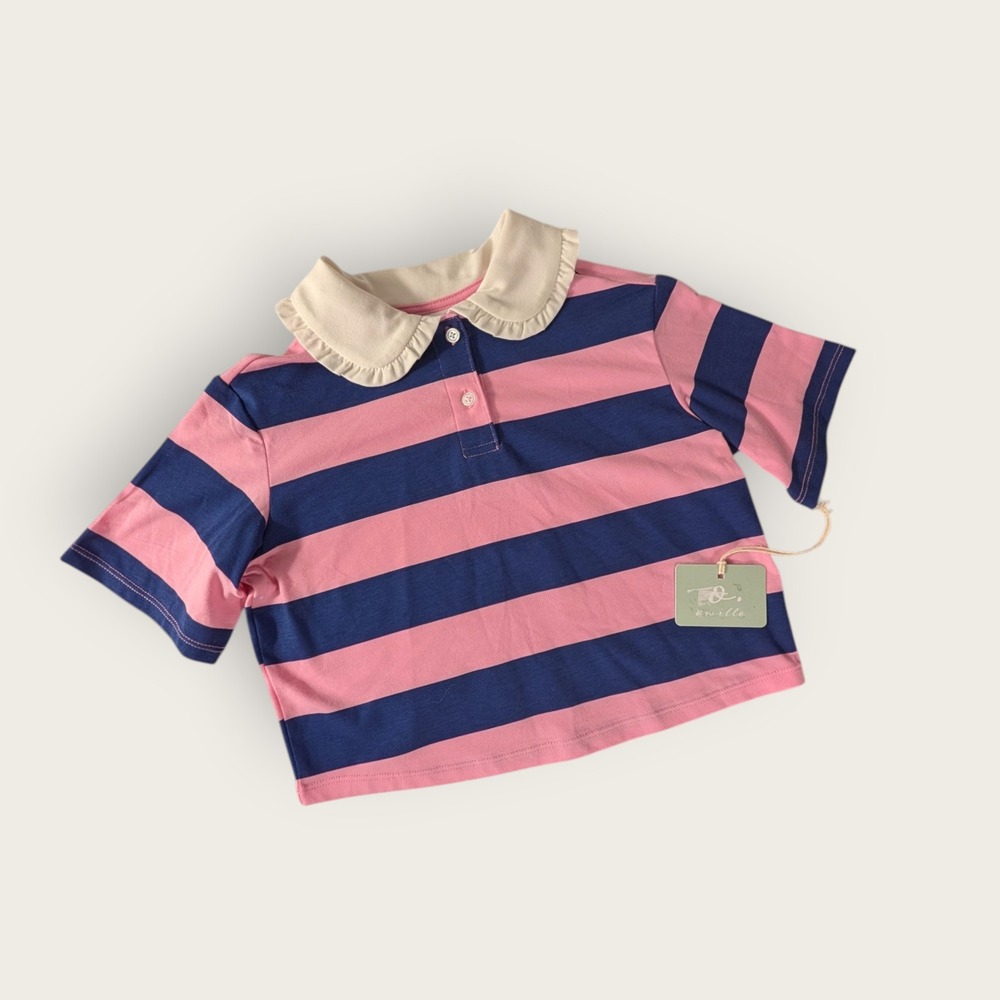 Owillo Kids Pink Navy Striped Polo Shirt Ruffle Peter Pan Collar XS NWT